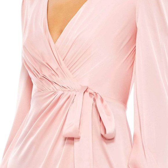 NWT MAC DUGGAL DRAPED FAUX WRAP PUFF SLEEVED HIGH LOW GOWN ROSE PINK 12 55624 - Picture 3 of 7